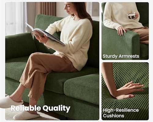 CHIC HOUSE Corduroy Modular Sectional Couch with Ottoman Chaise, L/U Shaped Sleeper Sofa for Living Room, Apartment, Lounge, Modern Armrest Neck Support Furniture (6 Seater Compact Sleeper, Green) 6
