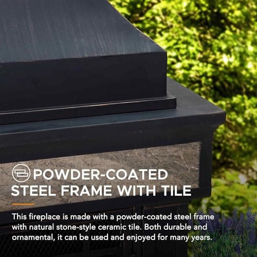 Sunjoy Outdoor Fireplace, Heirloom Patio Wood Burning Steel Fireplace with Chimney, Spark Screen, Fire Poker, and Removable Grate, Black 7