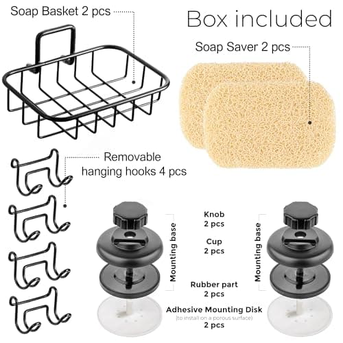 HASKO 2 Pack Suction Cup Soap Dish for Shower Wall, Rustproof Stainless Steel, Shower Soap Holder with Hooks, Includes Optional No Drill Adhesive Mount for Bathroom, 2 Soap Savers, Black 6