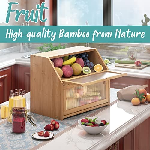Vriccc Bread Box for Kitchen Counter, Large Bamboo Wood Double Layer Bread Box, Wooden Bread Storage Capacity 5