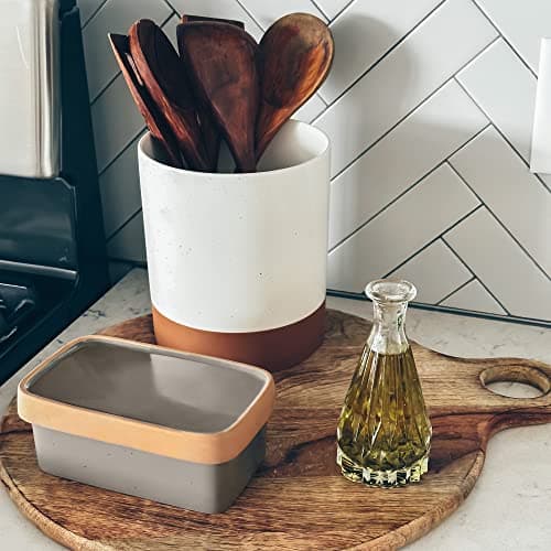 Mora Ceramic Two-in-One Butter Dish with Lid, Covered Butter Crock Container to Leave on Countertop - Large Storage Keeper/Holder for Kitchen, Gifts for Her, Butter Tray For Counter - Sesame Milk 6