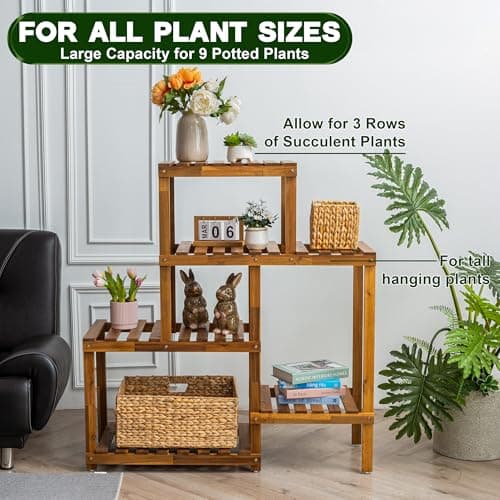 VICTORY RELAX 5 Tier Acacia Wood Plant Stand, Wooden Stepped Slatted Holder Up to 9 Pots, Tall 48 Inch Storage Rack Cabinet for Balcony Living Room Deck Balcony Garden Patio 5