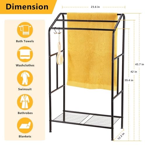 ALHAKIN Towel Racks for Bathroom, 43'' Tall 3 Tier Bathroom Towel Rack Stand with Storage Shelves, Freestanding Towel Drying Rack Pool Towel Rack for Outdoor, Black Blanket Rack Holder 7