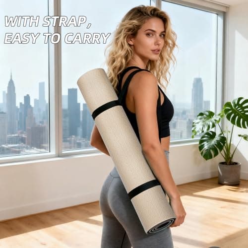 ILILI Yoga Mat 10mm Extra Thick and Extra Long, 76x28×0.4 Inch, Double Color Non-Slip TPE Material, Easy Carrying with Strap, Ideal for Yoga, Pilates, Floor Exercise, Home and Outdoor Use, Eco Friendly (Beige+Black) 5