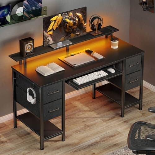Seventable Computer Desk 47.2" with LED Lights & Power Outlets, Home Office Desk with 4 Drawers, Writing Desk with Keyboard Tray, Study Table with Monitor Stand, Work Desks for Home Office, Black 6