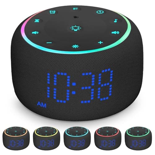 White Noise Machine Alarm Clock for Bedrooms - 5W Stereo Bluetooth Speaker - 24 Soothing Sounds - 9 Night Lights - Auto-Dimmable Digital Alarm Clock Sound Machine for Sleeping