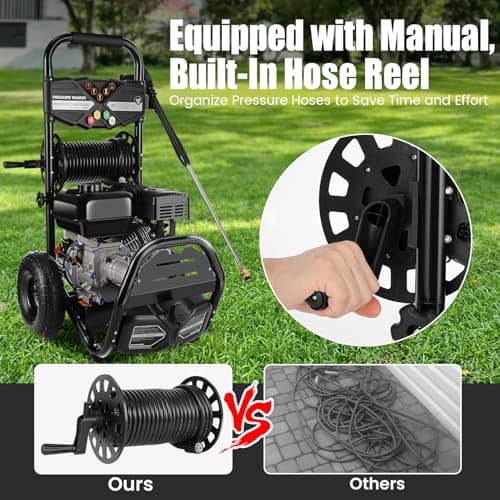 Professional 4200PSI 4GPM 212CC Gas Pressure Washer, 10" Wheels 7HP Commercial Gas Power Washer with 3L Foam Bottle 5 Nozzles 33FT Hose for Home Car Fence Driveway (EPA/CARB/ETL Compliant)，77LBS 8