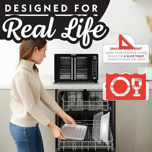 Gourmia French Door Air Fryer – 25 Qt Large Capacity Convection Oven, Fryforce 360°, Digital Display with 17 Cooking Presets, Bake, Toast, Roast, Dehydrate, Fits 12” Pizza 10