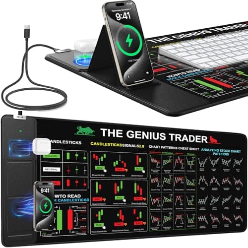 Mouse Pad with Foldable Phone Holder, Wireless Charging Desk Mat for Stock Enthusiast, 31.5"x15.8" Large Mousepad with Financial Trading Guides Printed, XXL Desk Pad Non-Slip, Waterproof Keyboard Pad