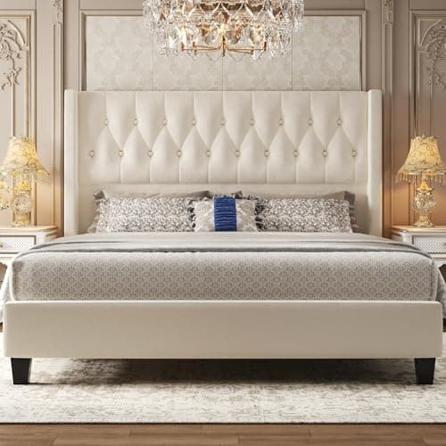 HISOFT Queen Bed Frame, Velvet Upholstered Queen Platform Bed with 48.8" Tall Wingback Headboard, Button Tufted, No Box Spring Needed, Noise-Free, Cream