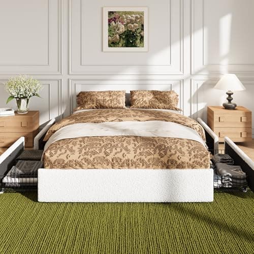 Allewie Full Size Bed Frame with 4 Oversized Storage Drawers, Soft Teddy Fabric, Boucle Upholstered Platform Bed, Wooden Slats Support, Noise-Free, No Box Spring Needed, Easy Assembly, White