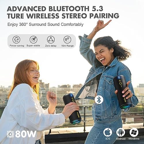 W-KING D320 40W Bluetooth Speaker, IPX7 Waterproof Portable Speaker with Dual Voice Coil, Customized EQ APP, 360 Sound, Party Lights, V5.3, TF/AUX, Black 5