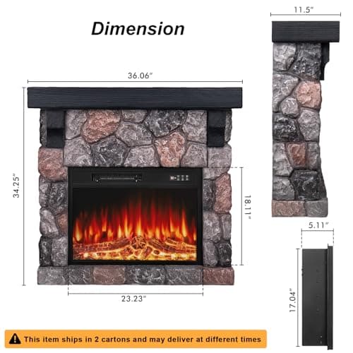 BOSSIN 36" Electric Fireplace with Mantel, 23 inch Electric Fireplace Insert, TV Stand Freestanding Heater with Remote Control Timer LED Flame for Living Room Bedroom,Faux Stone Gray 6