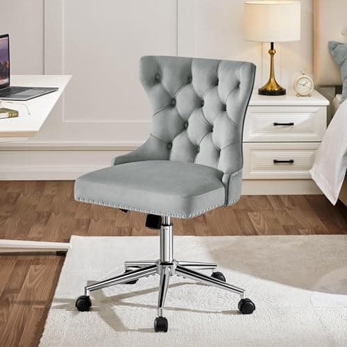 Yaheetech Velvet Home Office Desk Chair with Back, Cute Armless Vanity Chair with Gold Base/Wheels, Adjustable Comfy Swivel Chair for Make-up, Bedroom, Light Gray