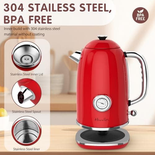 Electric Kettle, 1.8L Hot Water Boiler Electric with Thermometer, 1500W Stainless Steel Retro Electric Water Kettle, Auto Shut-Off & Boil Dry Protection, Red 5