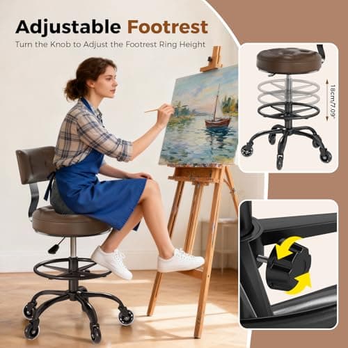 Office Drafting Chair with Footrest, Tall Height Adjustable Stool with Back Support, Heavy Duty Rolling Stool Chair with Wheels for Office Home Kitchen Bar Shop Guitar Studio Medical Vanity(Brown) 8