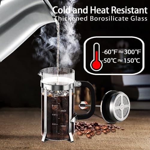 YMMIND French Press Coffee Maker 304 Stainless Steel Coffee Press,with 4 Filters System, Heat Resistant Thickness Borosilicate French Press Glass, BPA-Free Brewed Tea Pot Coffee Plunger(Copper 12oz) 3