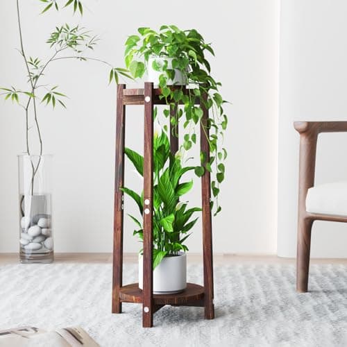 Bamworld 2 Tiered Tall Plant Stand Indoor Flower Holders Stands for Indoor Plants Corner Table Stand Plant Lover Gifts for Women