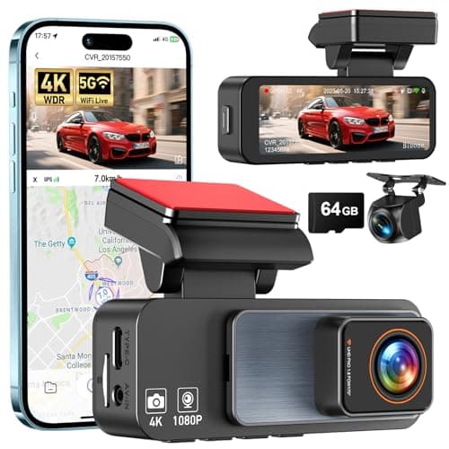 Dash Cam Front and Rear, 4K Dash Camera for Cars Built-in 5G WiFi & GPS, 3.2" IPS Screen Dash Cam W/ 64GB Card, Dual Dashcam W/G-Sensor, Loop Recording, WDR, Night Vision,24H Parking Monitor