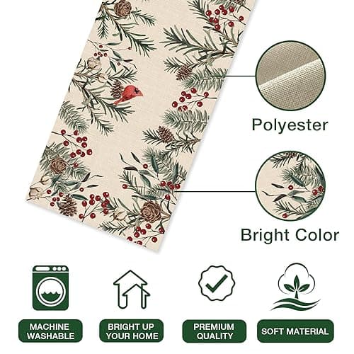 Seliem Winter Pine Needle Branches Table Runner, Pine Cone Cardinal Red Birds Berry Farmhouse Kitchen Dining Table Decor, Christmas Holiday Home Decoration Indoor Outdoor Party Supply 13 x 72 Inches 3