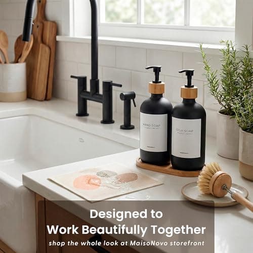 MaisoNovo Glass Dish Soap Dispenser for Kitchen Set of 2-16.9oz Dish and Hand Soap Dispenser Set for Kitchen - Black Glass Bottles x 2 with Black Bamboo Pumps & Tray 10