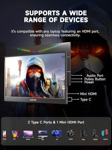 ADPOP 17.3'' IPS FHD 240Hz Portable Monitor | USB-C & HDMI | RGB Backlighting | Smart Cover & Speakers | Gaming, Office & Travel | Ultra-Slim HDR | for Laptop/PC/Mac/Phone/Xbox/PS5/Switch 6