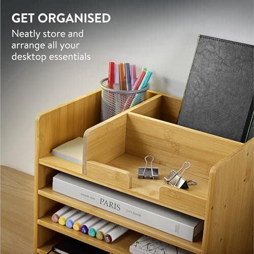 Navaris Bamboo Desk Organizer - Wood Desktop Storage Drawers and Compartments for Organizing Stationery, Documents, Files, Office Accessories 5