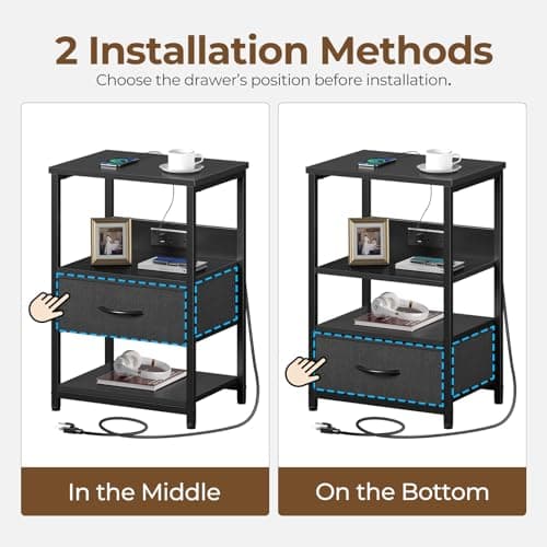 Seventable Nightstand with Charging Station, LED Bedside Table with Adjustable Fabric Drawer, Night Stand with Storage, 3-Tier Bed Side Table, End Table for Bedroom, Living Room, Black 7