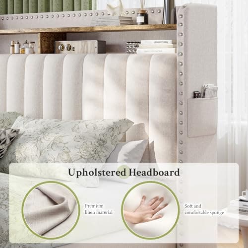 EnHomee King Size Bed Frame with 2 Storage Drawers & Upholstered Headboard,No Box Spring Needed, Easy Assembly, Noise Free, Beige 6