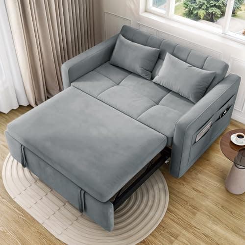 YITAHOME 55" Convertible Sofa Bed, 3-in-1 Sleeper Sofa with Pull-Out Bed, Velvet Futon Couch with Reclining Backrest and Side Pocket, Modern Loveseat for Living Room, Grey, Full Size