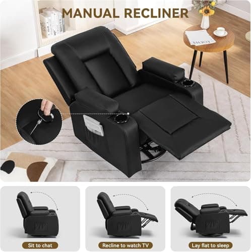 COMHOMA Recliner Chair, Swivel Rocker Recliners, Reclining Sofa with Side Pockets, Cup Holders for Living Room, Bedroom (Black) 5