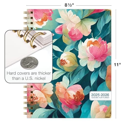 HARDCOVER Academic Year 2025-2026 Planner: (June 2025 Through July 2026) 8.5"x11" Daily Weekly Monthly Planner Yearly Agenda. Bookmark, Pocket Folder and Sticky Note Set (Teal Floral) 6