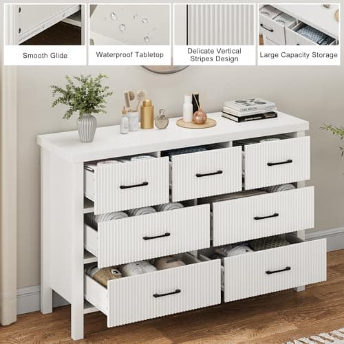 Jocoevol White 7 Drawer Dresser for Bedroom, Modern Fluted Dresser with Solid Wood Legs, Long Double Wooden Large Chest of Drawers for Living Room, Entryway, Hallway (White Fluted) 6