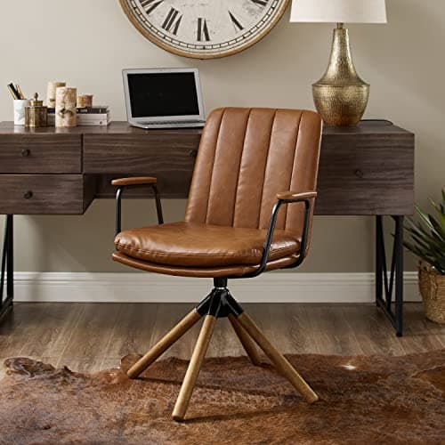 Art Leon Mid Century Modern Chair, Oak Legs Swivel Accent Chair No Wheels, Faux Leather Armchair for Small Spaces Home Office Living Room Bedroom, Yellow Brown