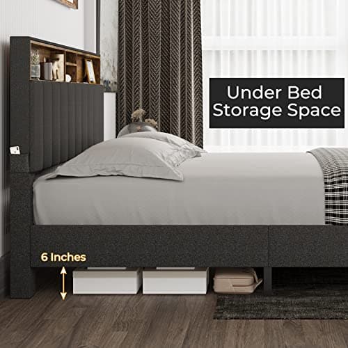 Tiptiper Queen Bed Frame with Storage Headboard & Charging Station, Clearance Upholstered Bed Frame Queen Size with 12 Wood Slats, No Box Spring Needed, Dark Grey 7