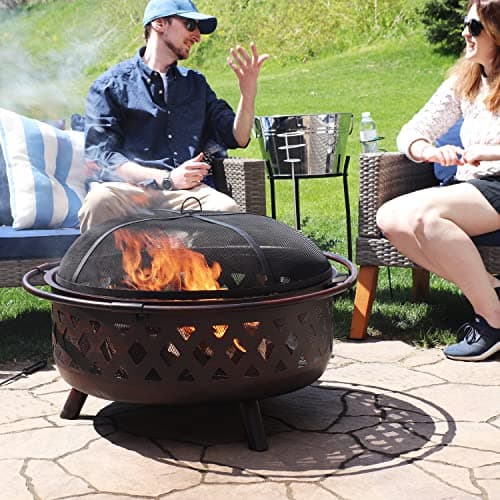Sunnydaze Crossweave Outdoor Fire Pit - Wood-Burning Fire Pit for Outside with Spark Screen, Poker and Round Cover - 36-Inch - Bronze 8