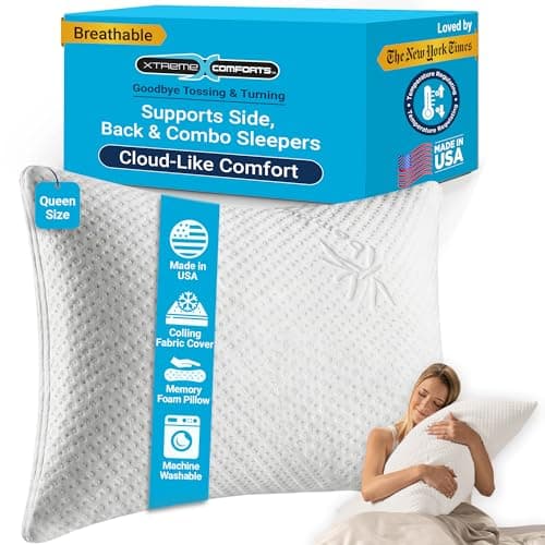 Xtreme Comforts Memory Foam Pillows Made in The USA - Queen Size, Slim Cooling Pillow for Sleeping on Side, Back & Stomach - Firm and Soft Bed Pillows