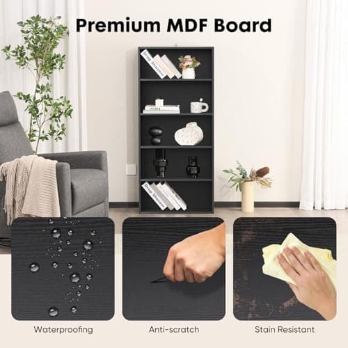 Sweetcrispy Industrial 5 Shelf Bookcase - Large 53 Inch Tall Floor Standing Open Bookshelf for Home Office, Living Room, and Bedroom Storage, Classic Black 5