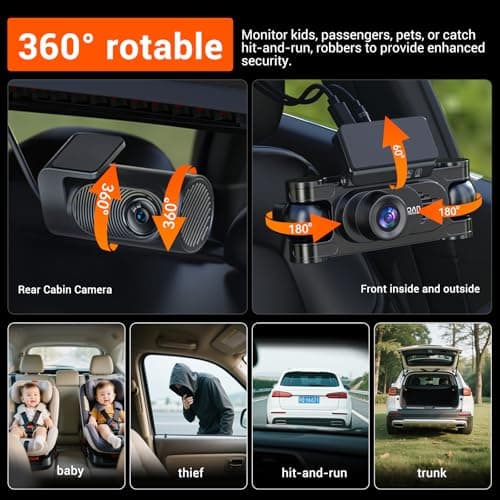 4K 360° DashCam for Cars,4 Channel Car Dash Cam Front and Rear Inside with 128GB Card Included,Voice Control,5.8G WiFi GPS,IR Night Vision, G Sensor, 24/7 Parking Mode &Loop Recording Dash Camera 8