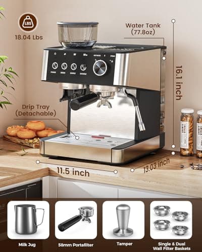 Electactic Espresso Machine with Grinder, 15 Bar Expresso Coffee Machines with Milk Frother Steam Wand, Professional Espresso Maker with Removable Water Tank, Cappuccino & Latte Machine for Home 7