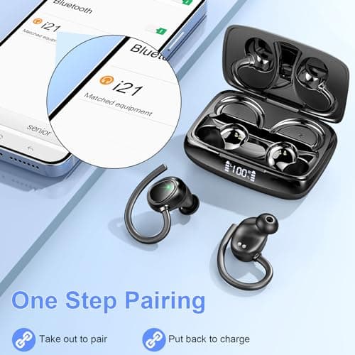 Wireless Earbud, 48Hrs Bluetooth 5.3 Headphones Over Ear IP7 Waterproof, Sports Wireless Earphones in Ear with Dual LED Display, Stereo Bass Over Ear bud with Earhooks for Workout/Running/Gym, Black 6