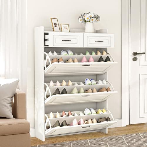 Vibe & Dine Narrow Shoe Organizer Cabinet with 3 Large Flip Drawers & 2 Storage Drawers - Slim Shoe Storage for Entryway, Hallway, Bedroom