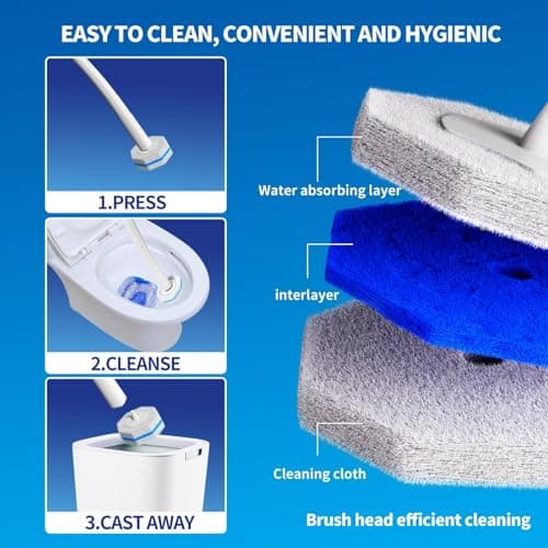 Disposable Toilet Brush Cleaning System with 50pcs Refills Pads Replacement Heads, Toilet Cleaning Stick, Wall Mounted Toliet Wand Kit Bathroom Maintenance, Toilet Bowl Cleaner Wands Holder and Set 9