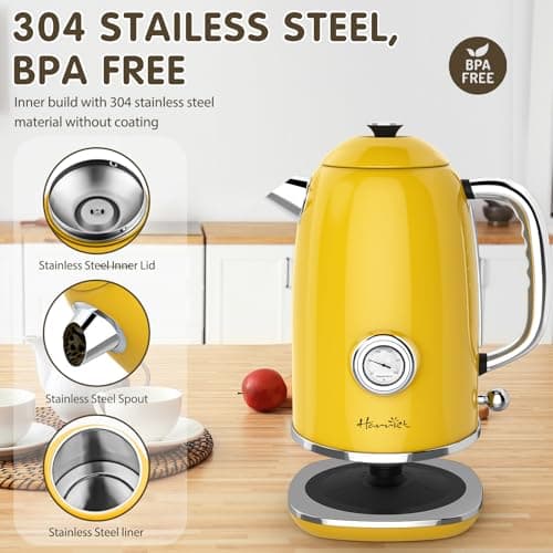 Harriet Electric Kettle, 1.8L Hot Water Boiler Electric with Thermometer, 1500W Stainless Steel Electric Water Kettle with LED Indicator, Auto Shut-Off & Boil Dry Protection, Yellow 5