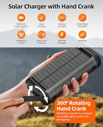 Solar Charger, 59800mAh Portable Power Bank for All Phones, Outdoor Waterproof Battery Pack Built in Hand Crank, 15W Wireless Charger 6 Outputs & 3 Inputs/LED Flashlights, Perfect for Camping Travel 6