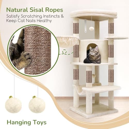 Globlazer Corner Cat Tree, 51in Curved Series Modern Cat Tower for Indoor Cats with Hammock, 7 Sisal Scratching Posts, Large Fan-Shaped Platform for Large Cats, Cat Condo & Hanging Basket, C51, Beige​ 6
