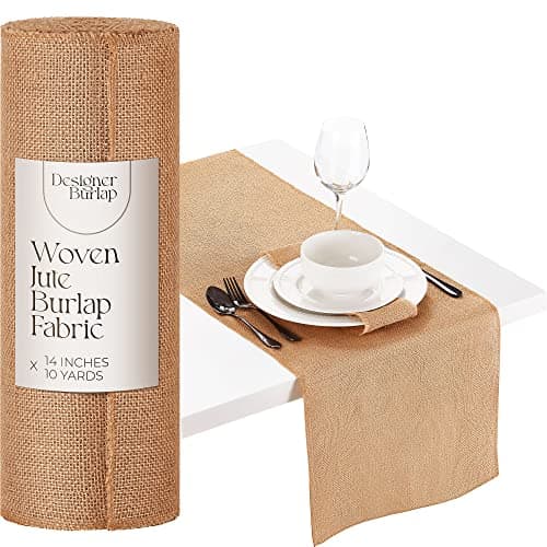 Designer Burlap Table Runner, 14" x 10 Yards – Rustic Farmhouse Décor for Dining Room, Coffee, Tea & Outdoor Tables – Woven Jute Fabric Roll for Centerpieces or Placemats