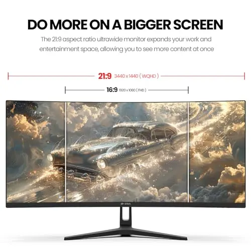 CRUA 34" Curved Gaming Monitor, WQHD 3440x1440, 144Hz/165Hz Computer Monitors, 1500R VA Screen, 120% sRGB, AMD FreeSync, HDMI 2.0 & DP 1.4, Wall Mountable Installs- Black 4