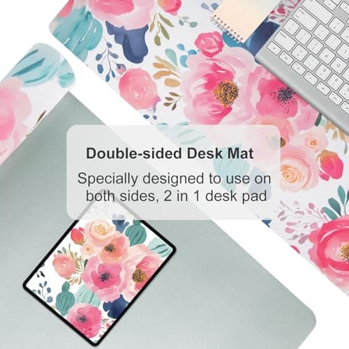 Colorful Star Large Mouse Pad, Pink Floral Desk Mat for Desktop, Women Girls Flowers PU Leather Waterproof Desk Pad, Computer PC Laptop Protector Gaming Mouse Pads for School Office Home 31.5" x 15.7" 5
