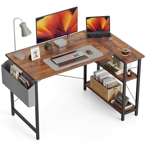 CubiCubi L Shaped Desk, 40 Inch Computer Desk with Reversible Storage Shelves Home Office Corner Desk Study Writing Table, Deep Brown